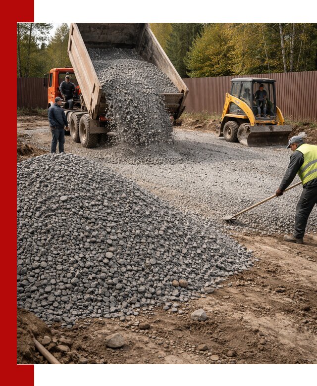 Отсыпка участка щебнем с доставкой и уплотнением в Кимовске